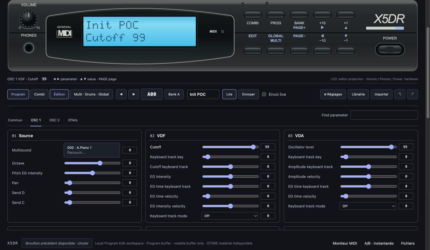 AI² Studio : façade fidèle du X5DR, barre d'outils et colonnes d'oscillateur alignées